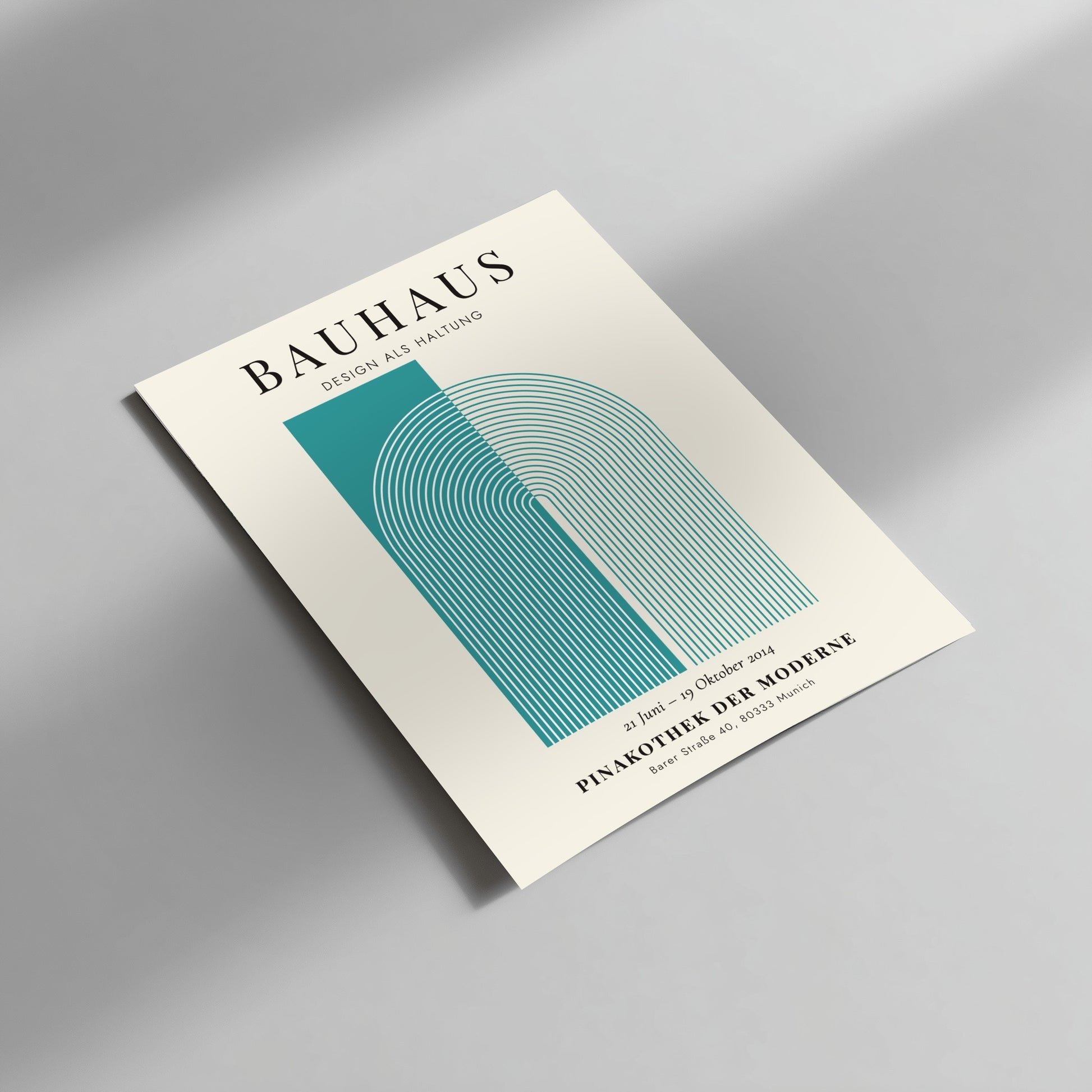 Bauhaus poster featuring geometric shapes in teal and cream, modern design style