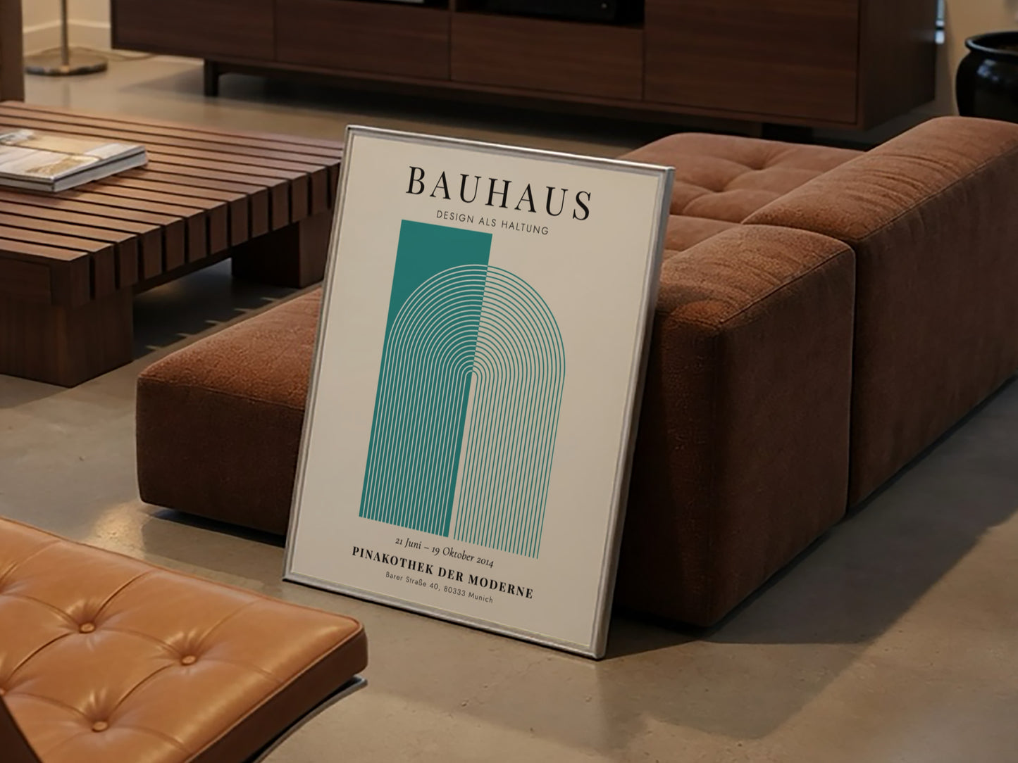 Bauhaus poster featuring geometric shapes in teal and cream, modern design style