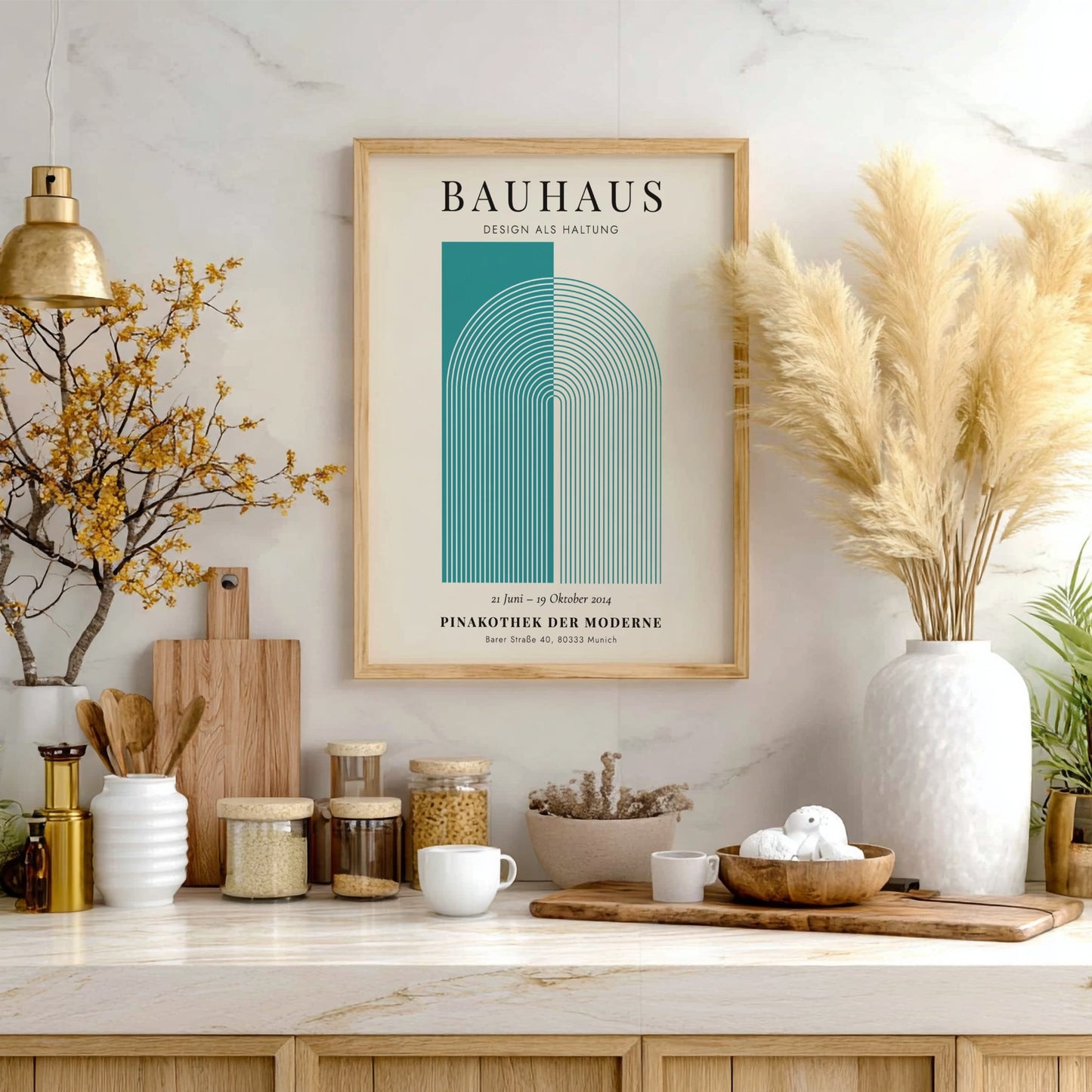 Bauhaus poster featuring geometric shapes in teal and cream, modern design style