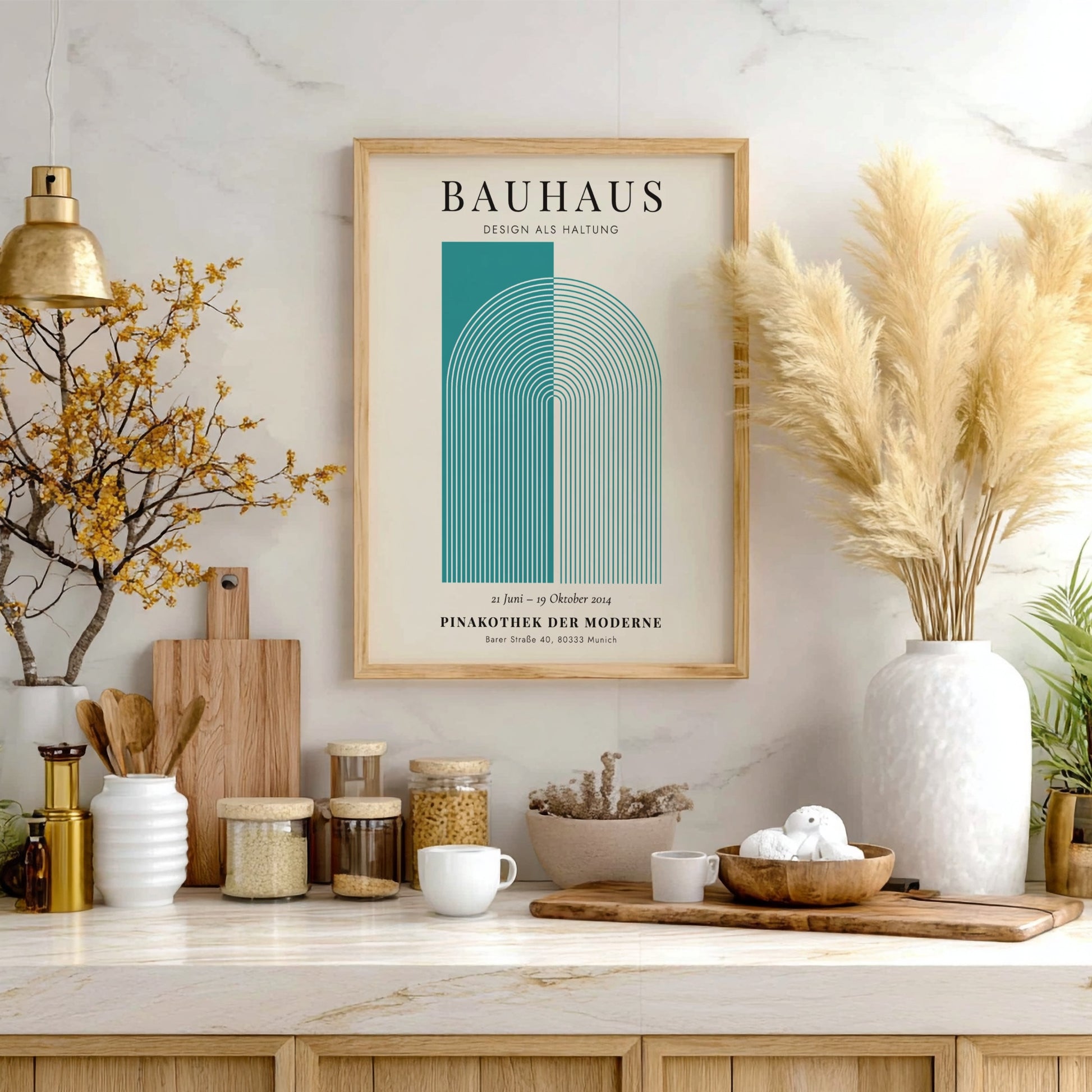 Bauhaus poster featuring geometric shapes in teal and cream, modern design style