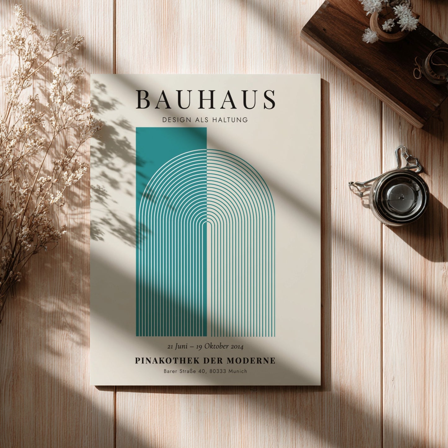 Bauhaus poster featuring geometric shapes in teal and cream, modern design style