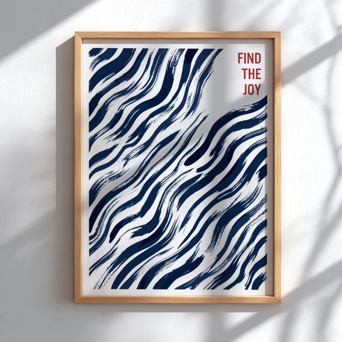 Motivational poster featuring navy blue abstract wavy brushstrokes and Find The Joy text.