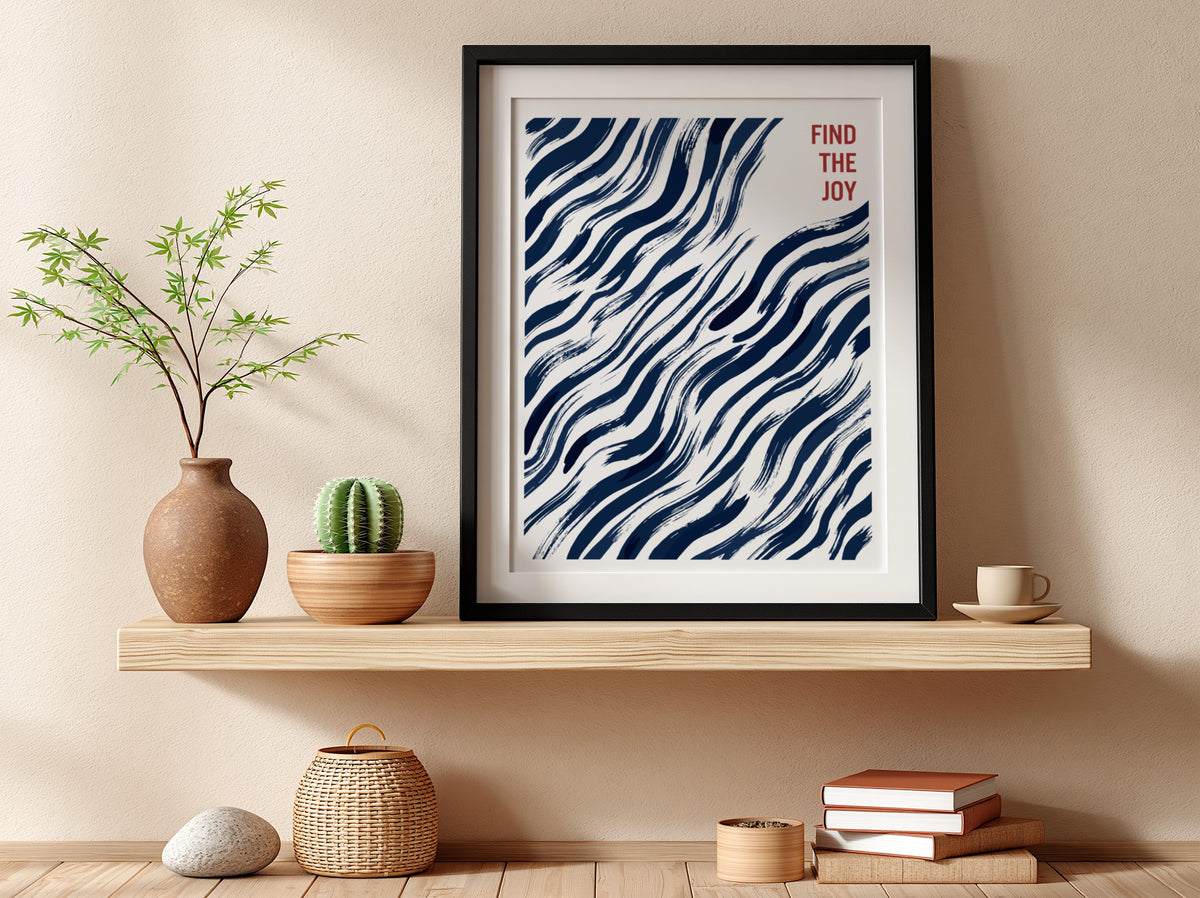 Motivational poster featuring navy blue abstract wavy brushstrokes and Find The Joy text.