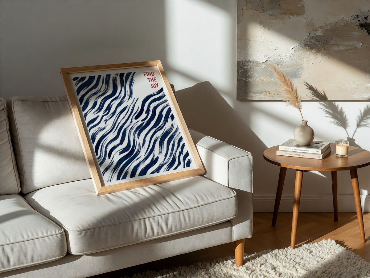 Motivational poster featuring navy blue abstract wavy brushstrokes and Find The Joy text.