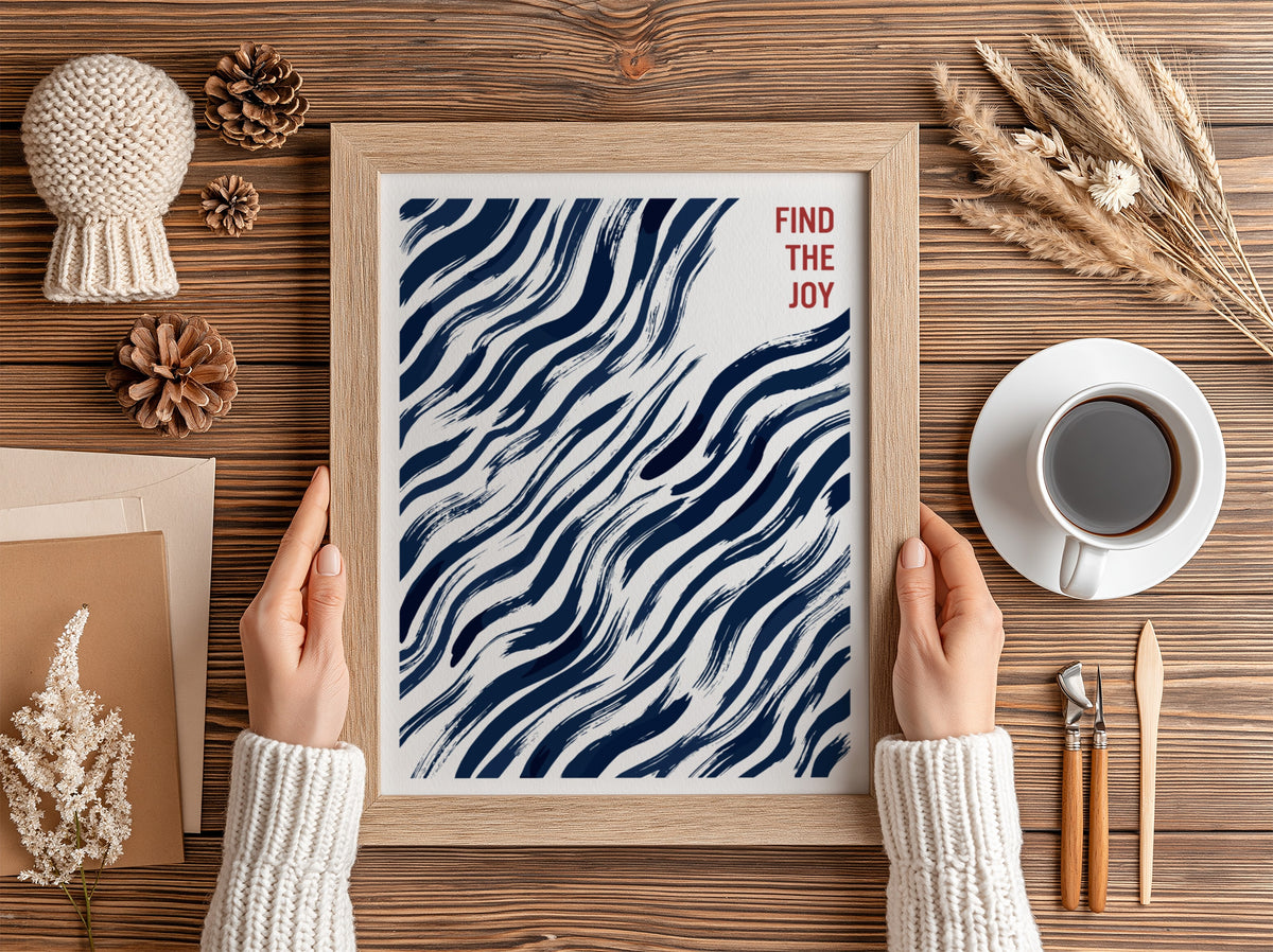 Motivational poster featuring navy blue abstract wavy brushstrokes and Find The Joy text.