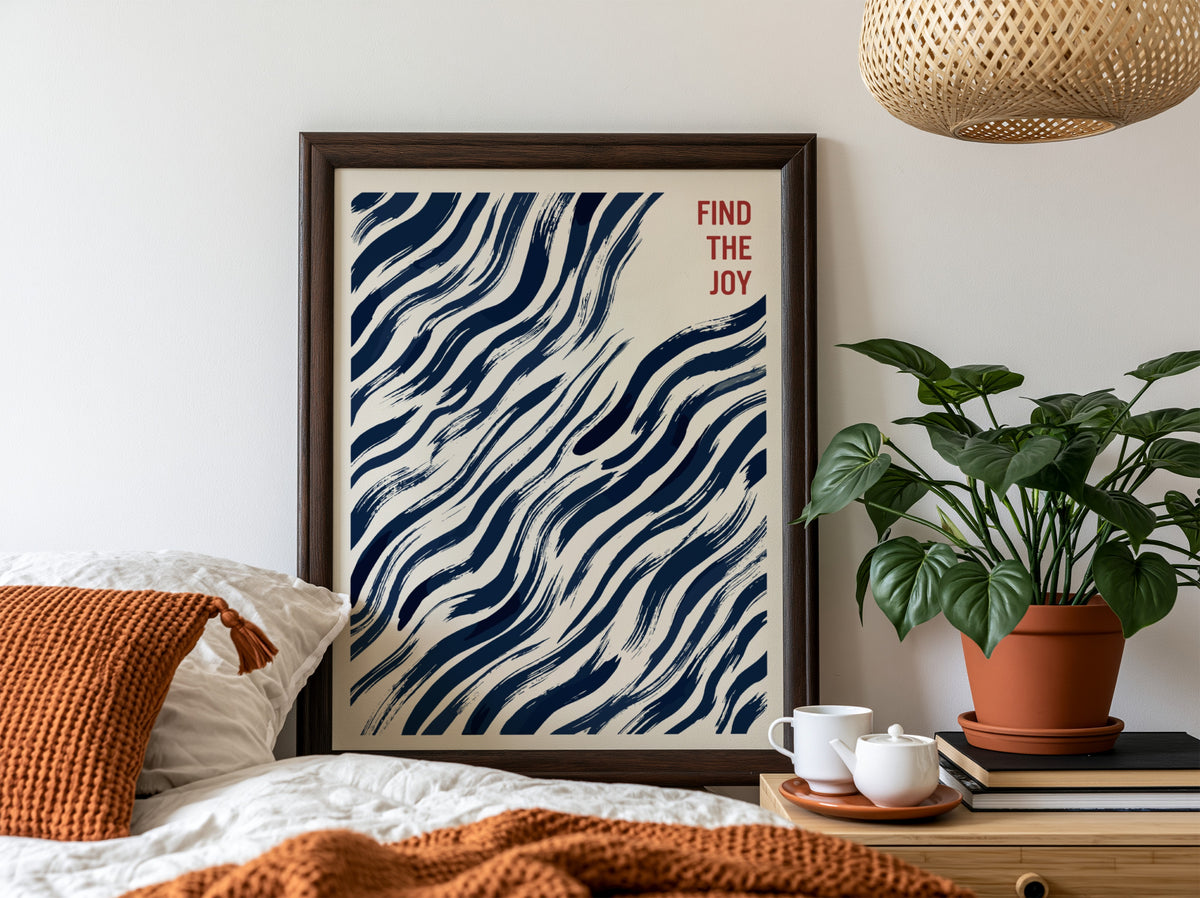 Motivational poster featuring navy blue abstract wavy brushstrokes and Find The Joy text.