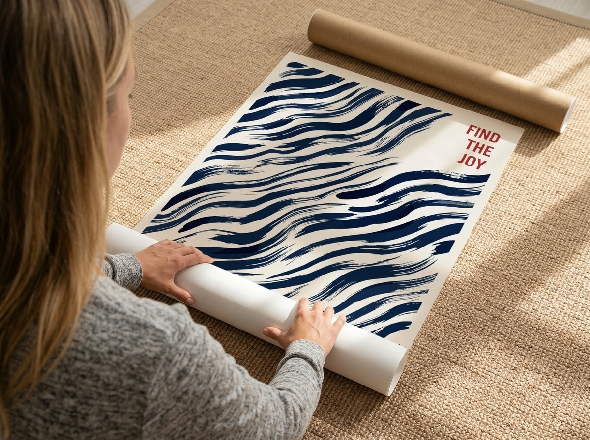 Motivational poster featuring navy blue abstract wavy brushstrokes and Find The Joy text.