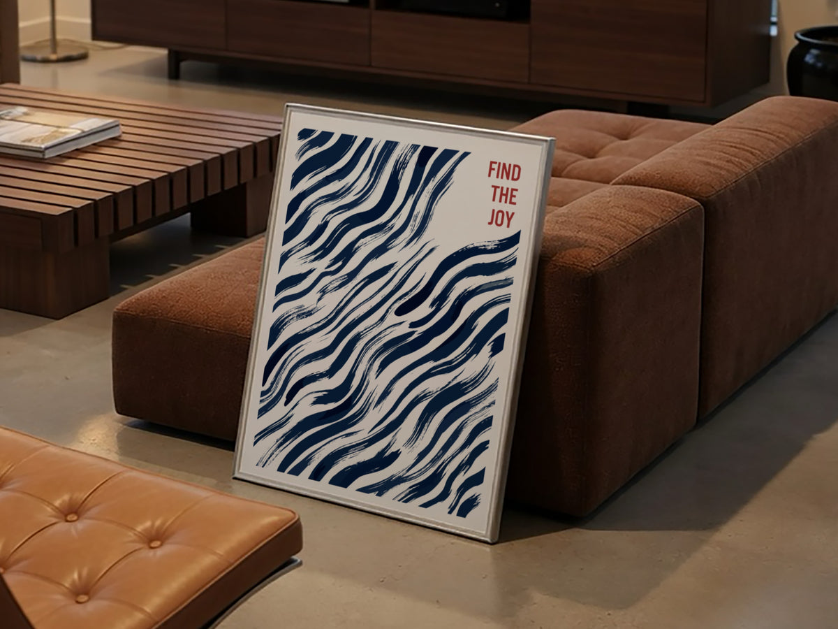 Motivational poster featuring navy blue abstract wavy brushstrokes and Find The Joy text.