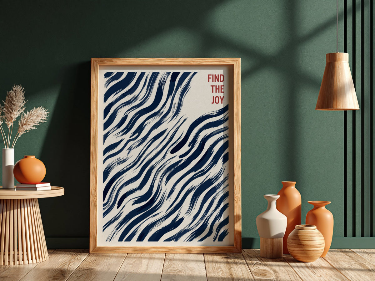 Motivational poster featuring navy blue abstract wavy brushstrokes and Find The Joy text.