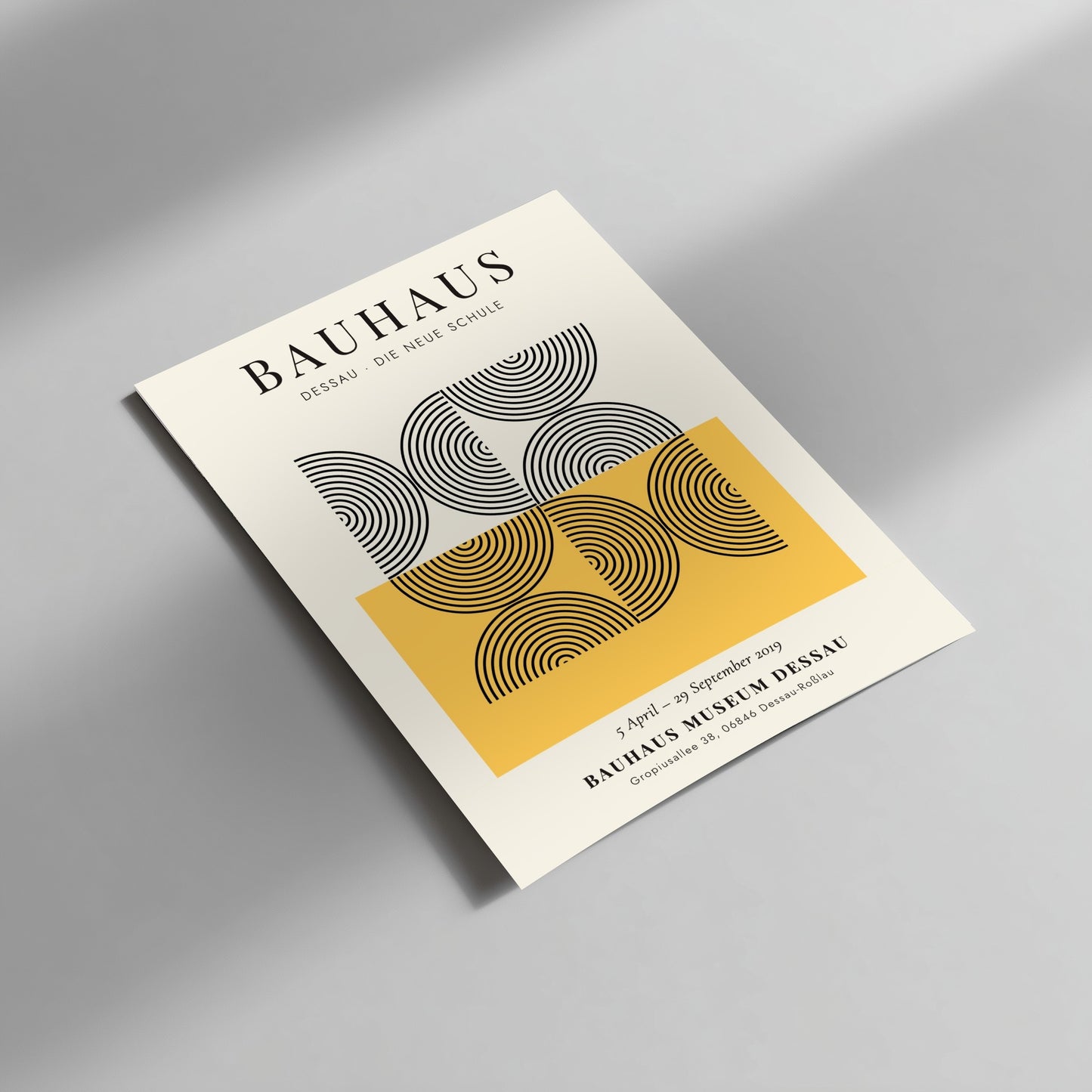 Bauhaus poster featuring abstract geometric design in black and yellow colors