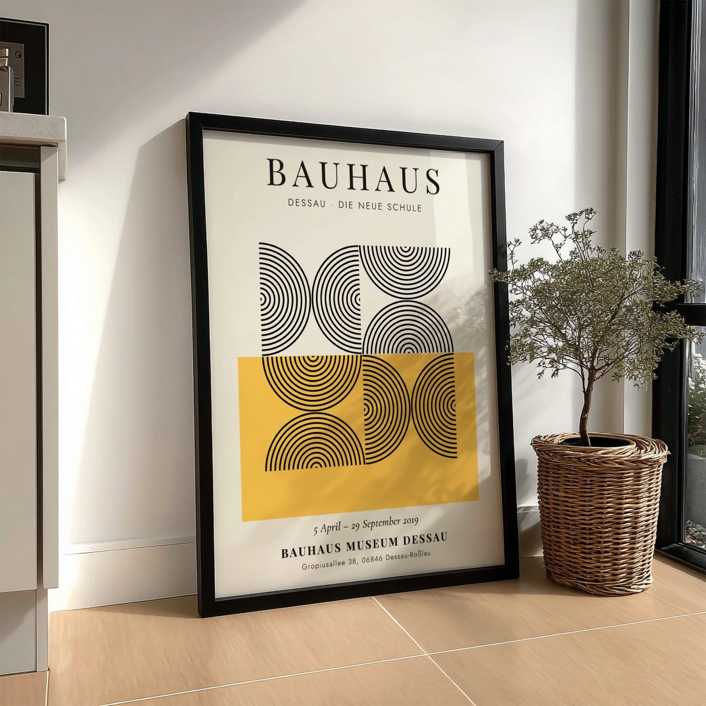 Bauhaus poster featuring abstract geometric design in black and yellow colors
