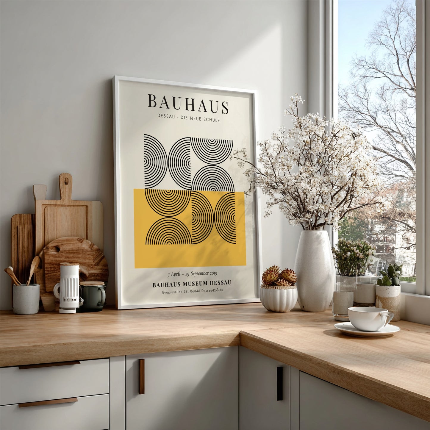 Bauhaus poster featuring abstract geometric design in black and yellow colors