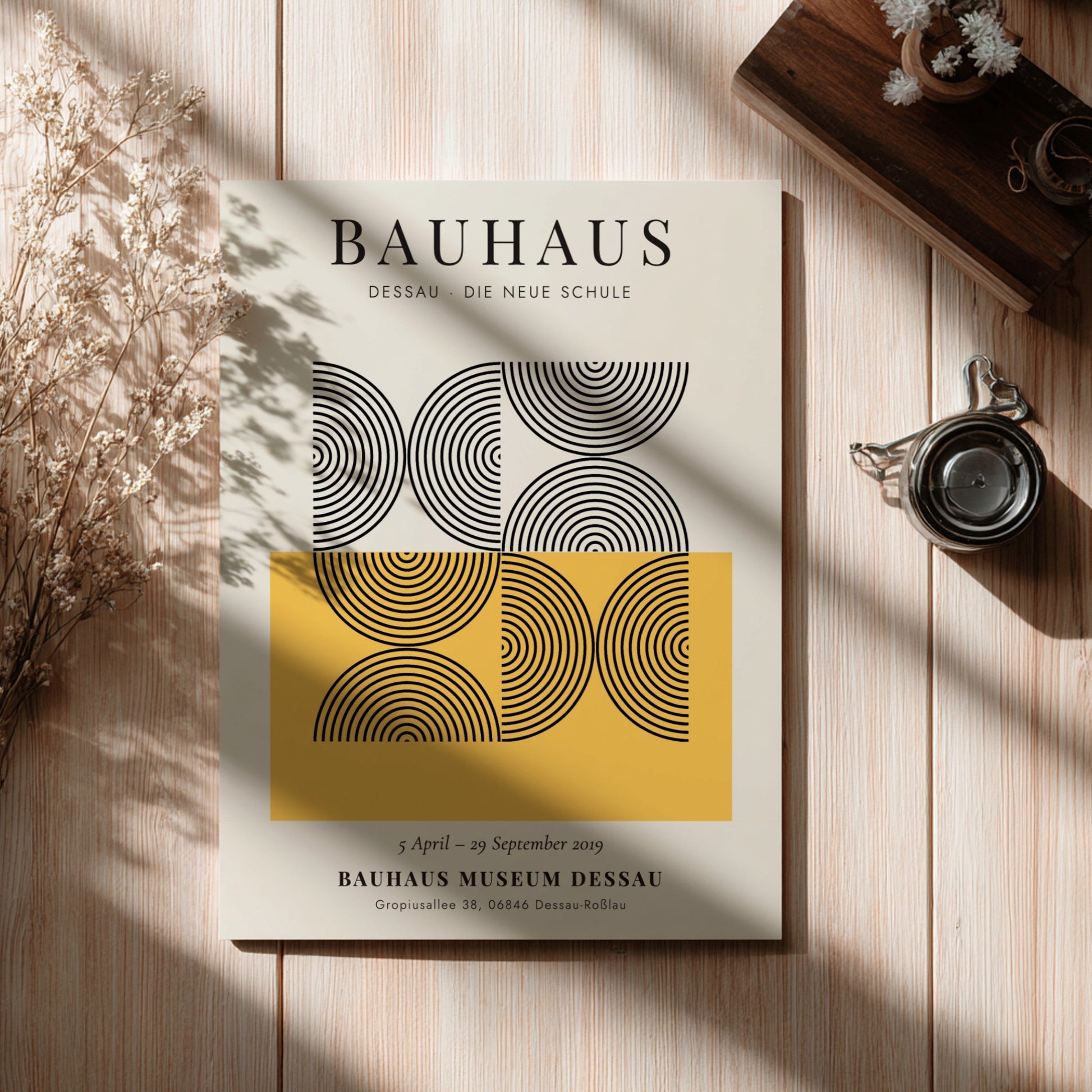 Bauhaus poster featuring abstract geometric design in black and yellow colors