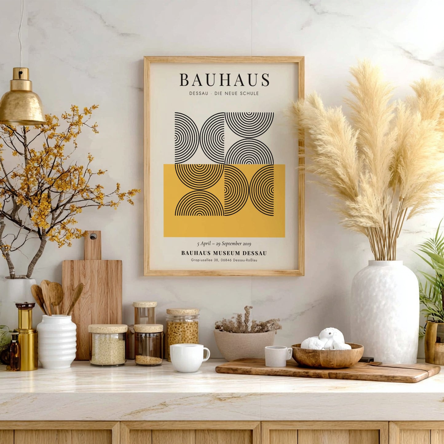 Bauhaus poster featuring abstract geometric design in black and yellow colors
