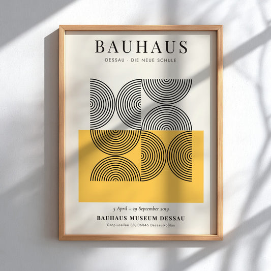 Bauhaus poster featuring abstract geometric design in black and yellow colors