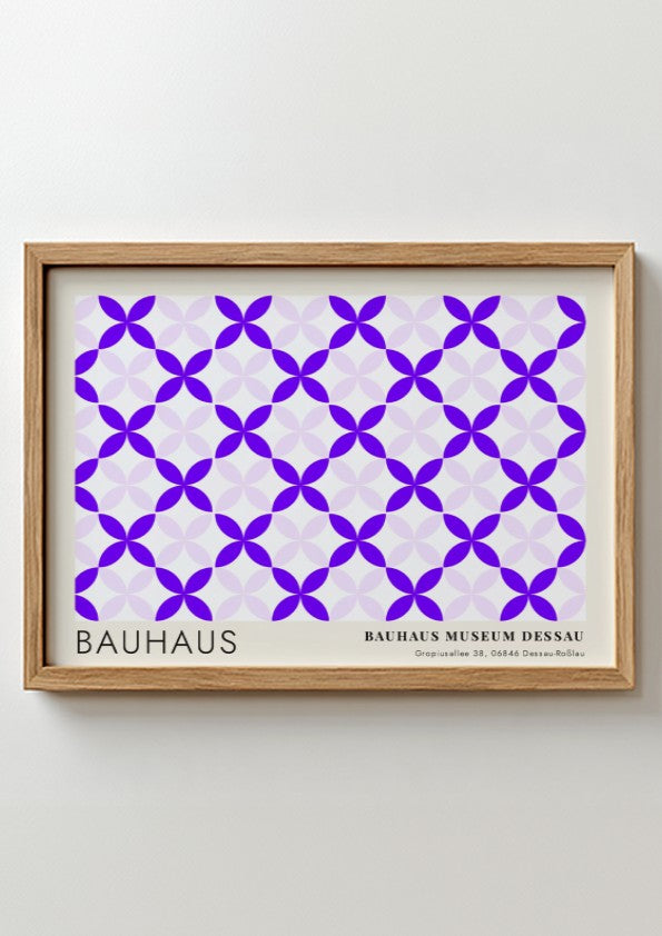 Wall art poster featuring a geometric violet and lavender pattern with Bauhaus museum text