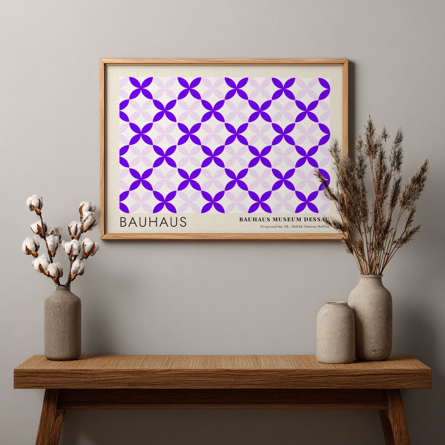 Wall art poster featuring a geometric violet and lavender pattern with Bauhaus museum text