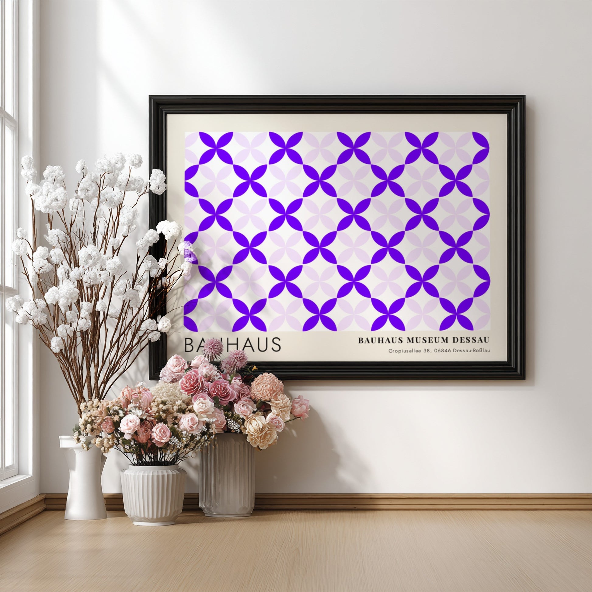 Wall art poster featuring a geometric violet and lavender pattern with Bauhaus museum text