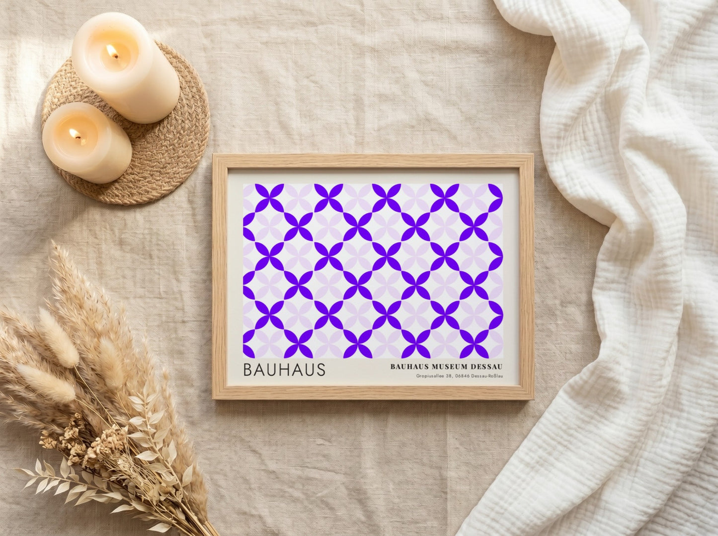 Wall art poster featuring a geometric violet and lavender pattern with Bauhaus museum text