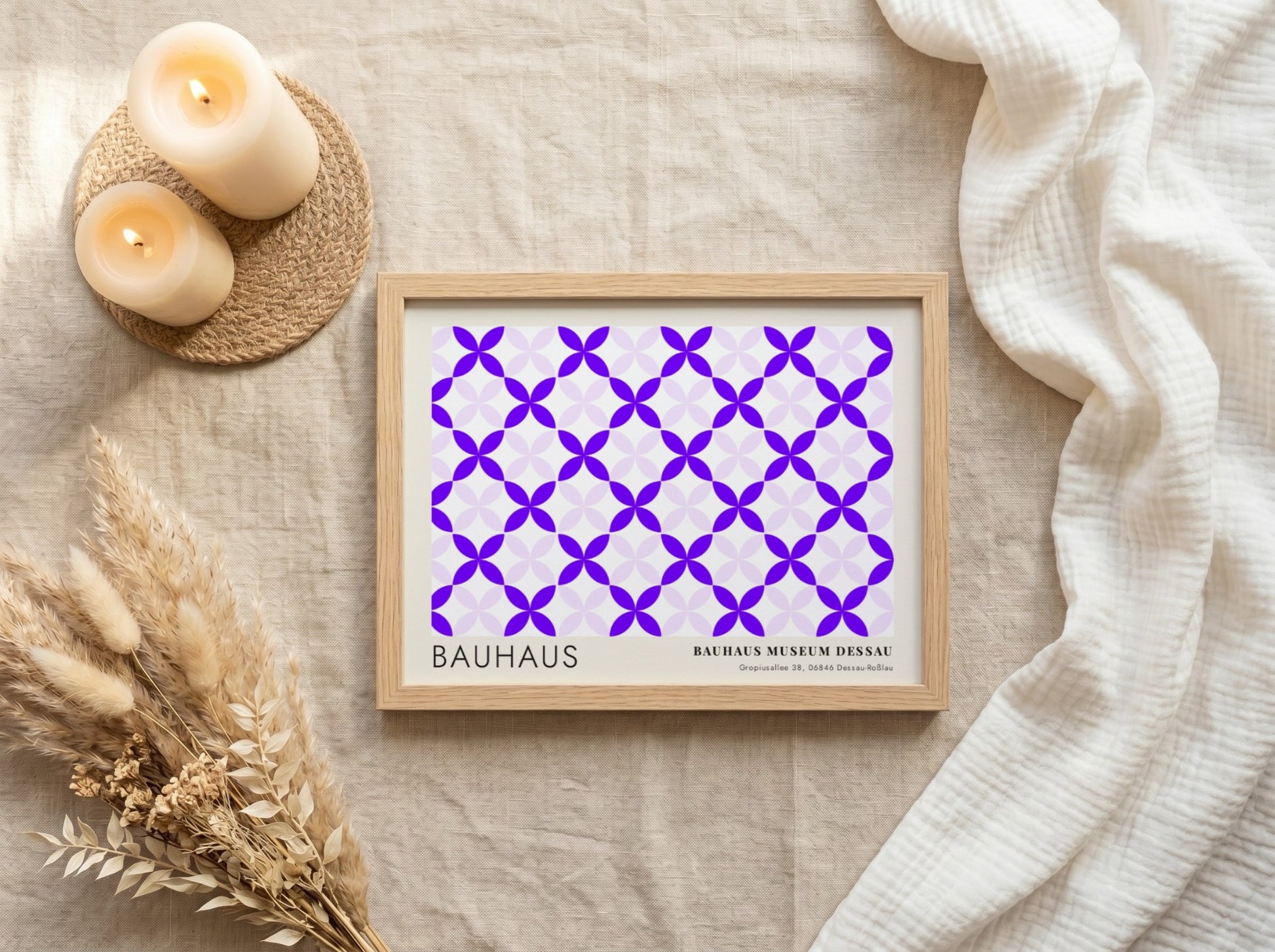 Wall art poster featuring a geometric violet and lavender pattern with Bauhaus museum text