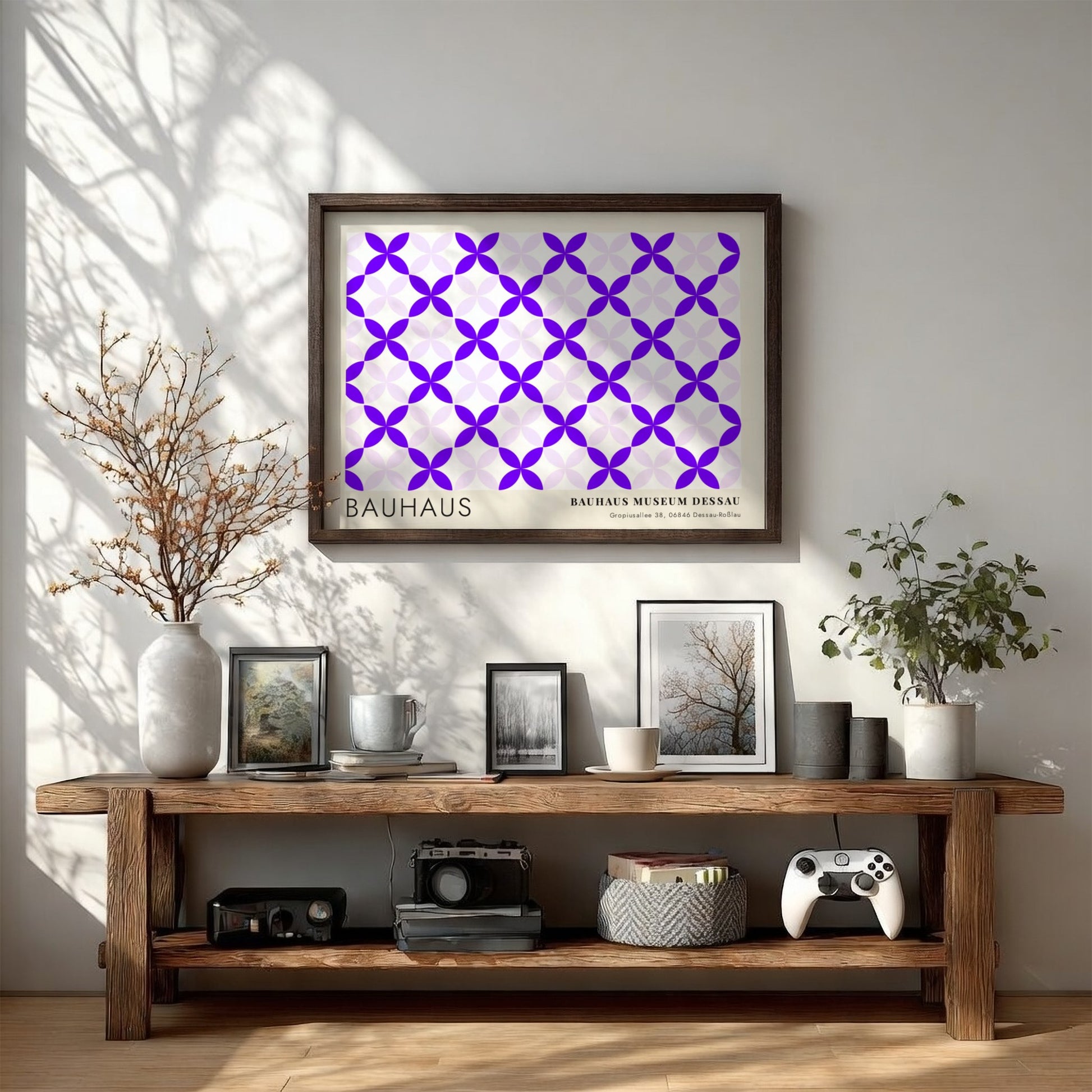 Wall art poster featuring a geometric violet and lavender pattern with Bauhaus museum text