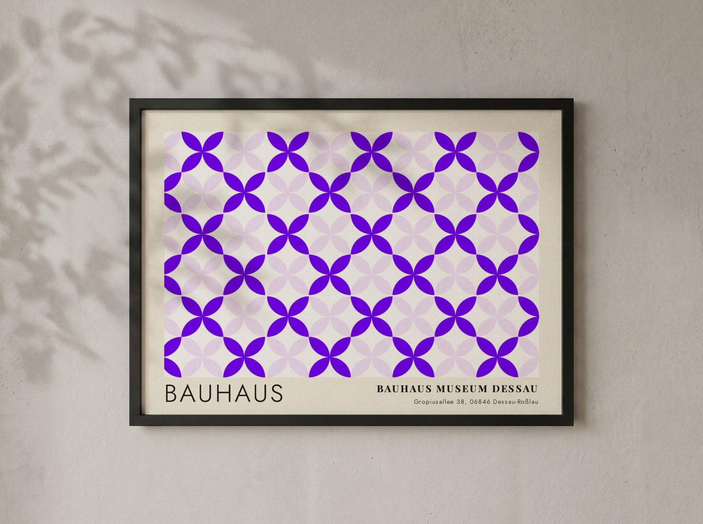 Wall art poster featuring a geometric violet and lavender pattern with Bauhaus museum text
