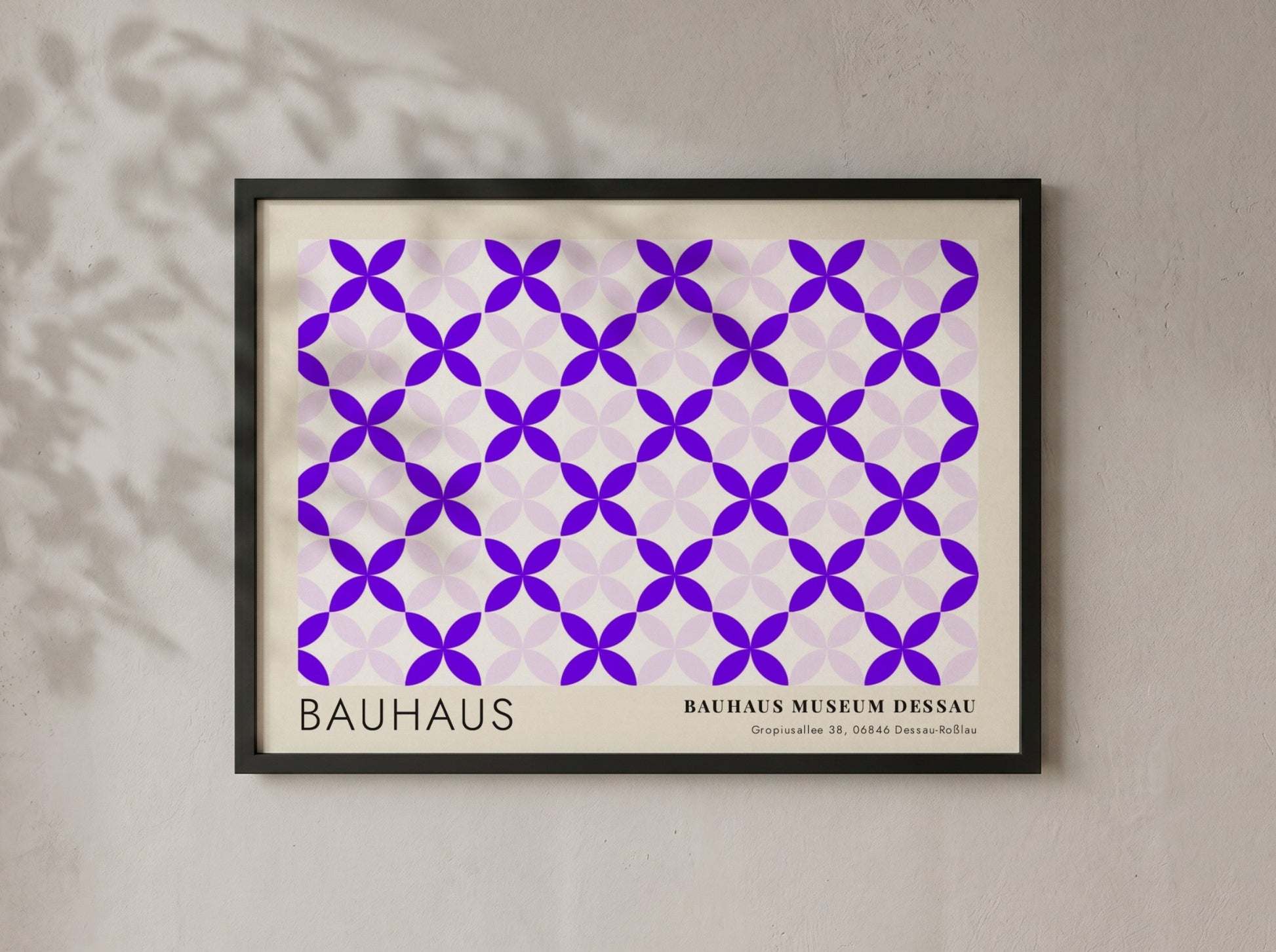 Wall art poster featuring a geometric violet and lavender pattern with Bauhaus museum text