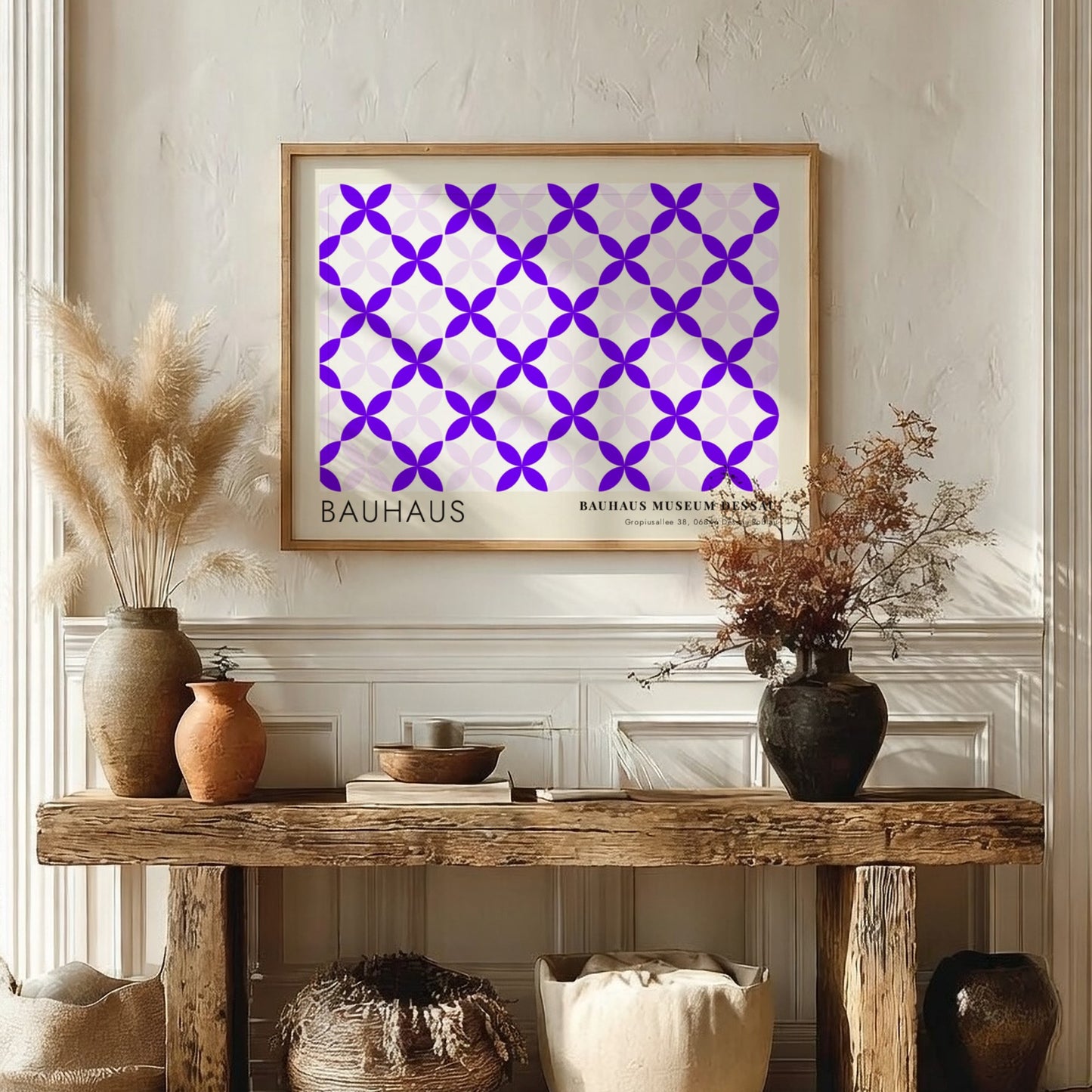Wall art poster featuring a geometric violet and lavender pattern with Bauhaus museum text