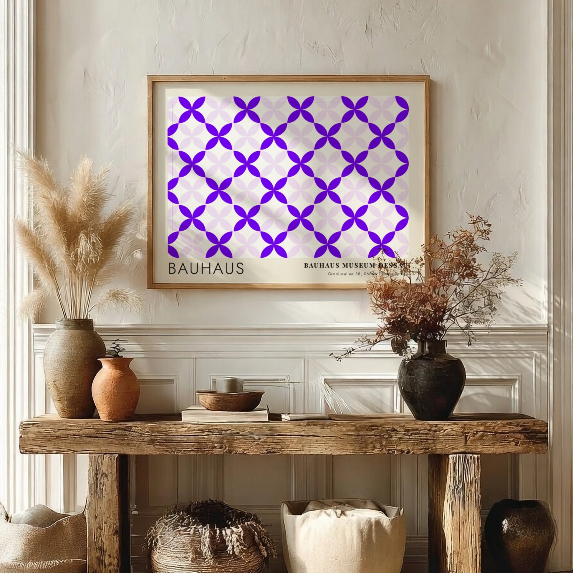 Wall art poster featuring a geometric violet and lavender pattern with Bauhaus museum text