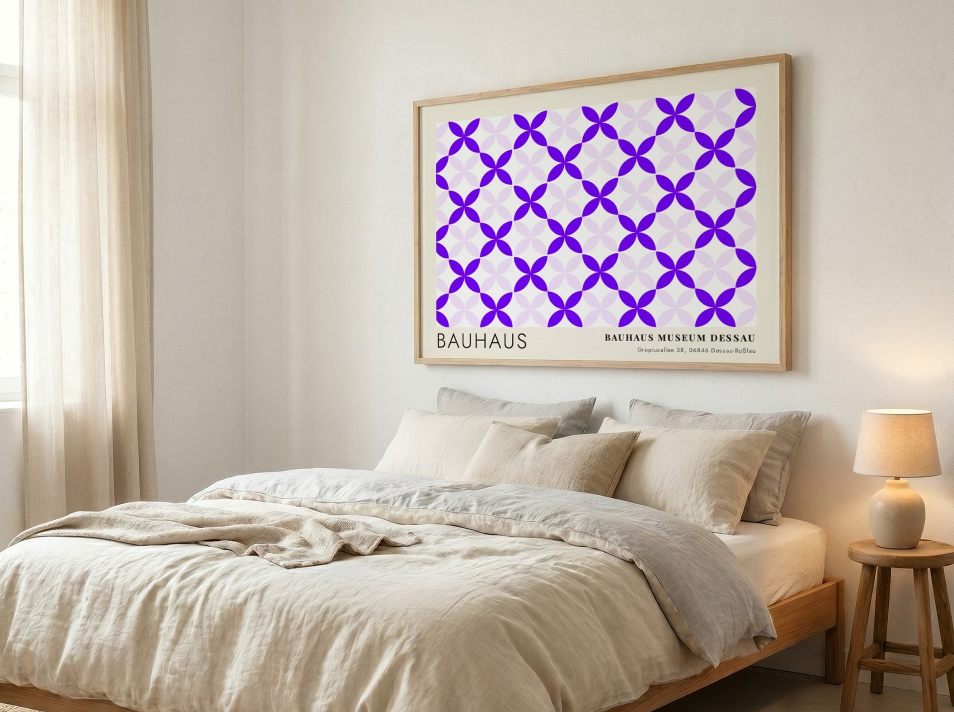Wall art poster featuring a geometric violet and lavender pattern with Bauhaus museum text