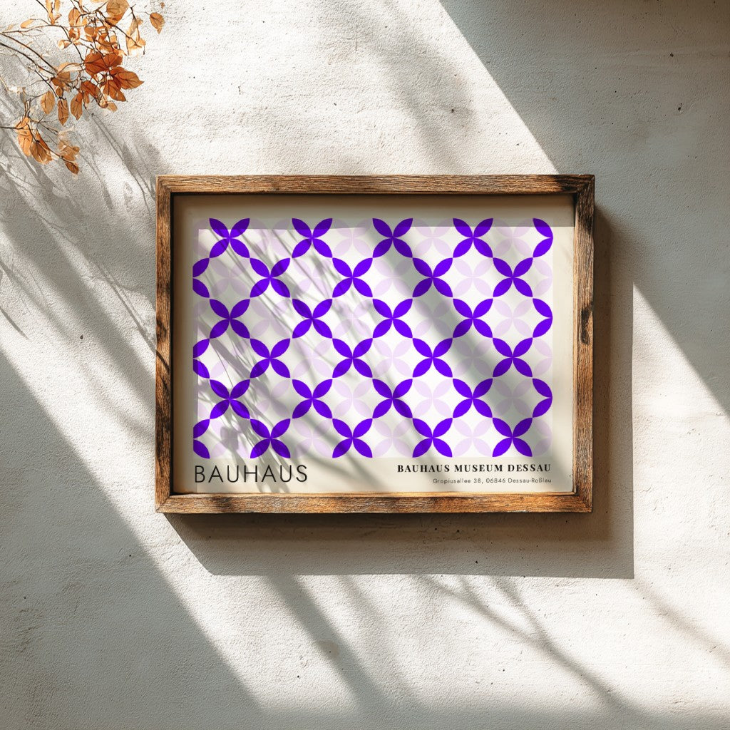Wall art poster featuring a geometric violet and lavender pattern with Bauhaus museum text