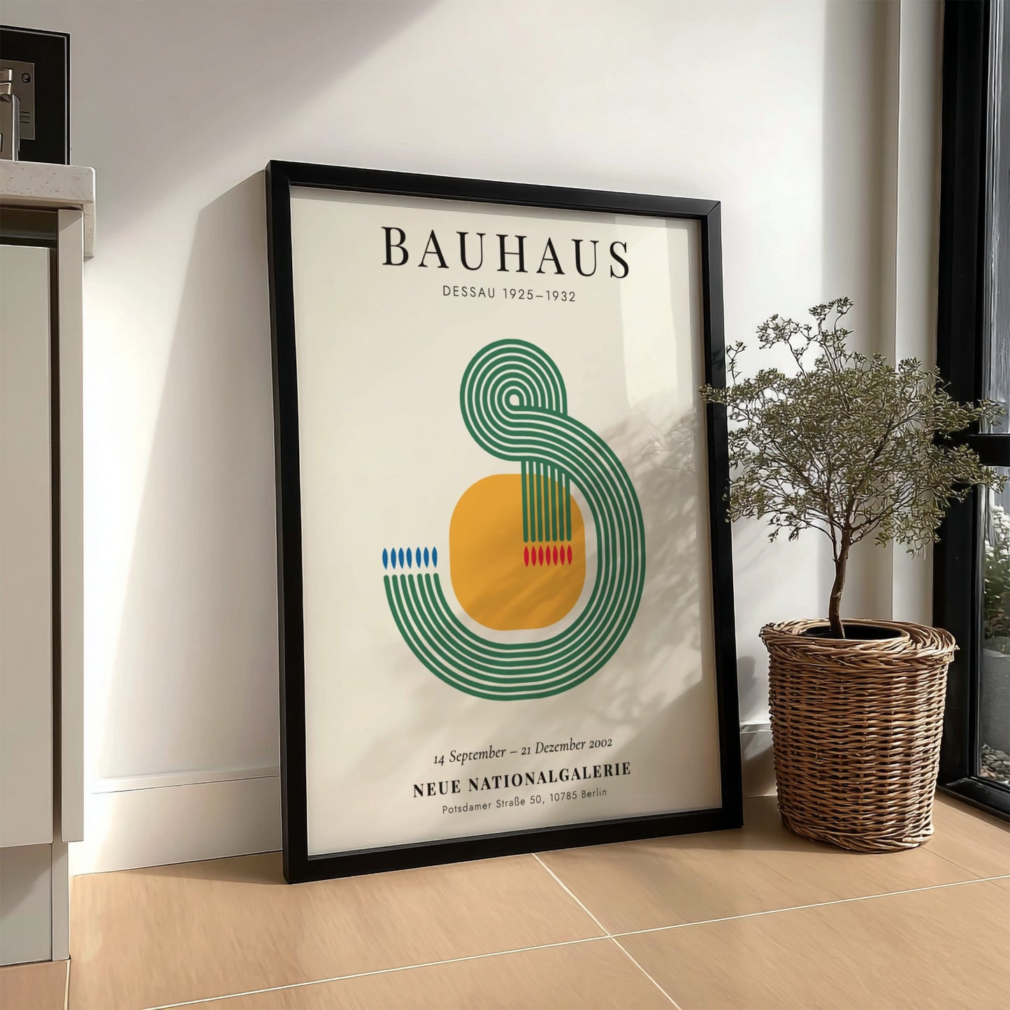 Bauhaus poster featuring geometric shapes and vibrant colors in modernist style