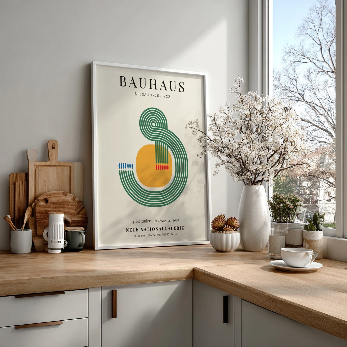 Bauhaus poster featuring geometric shapes and vibrant colors in modernist style