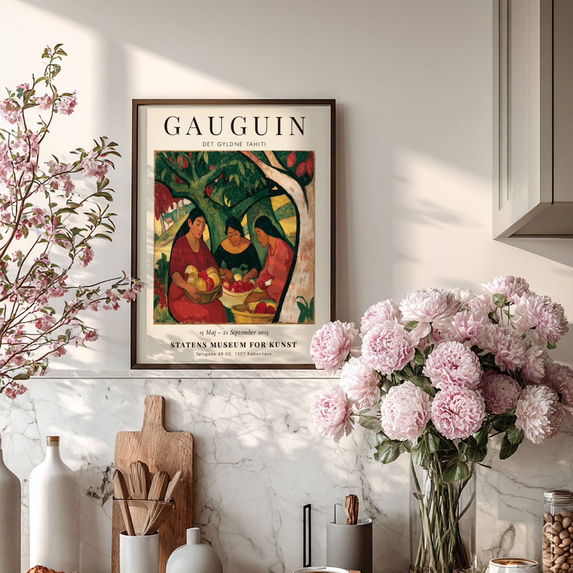 Gauguin exhibition poster featuring women in a vibrant Tahitian scene with rich colors and expressive
