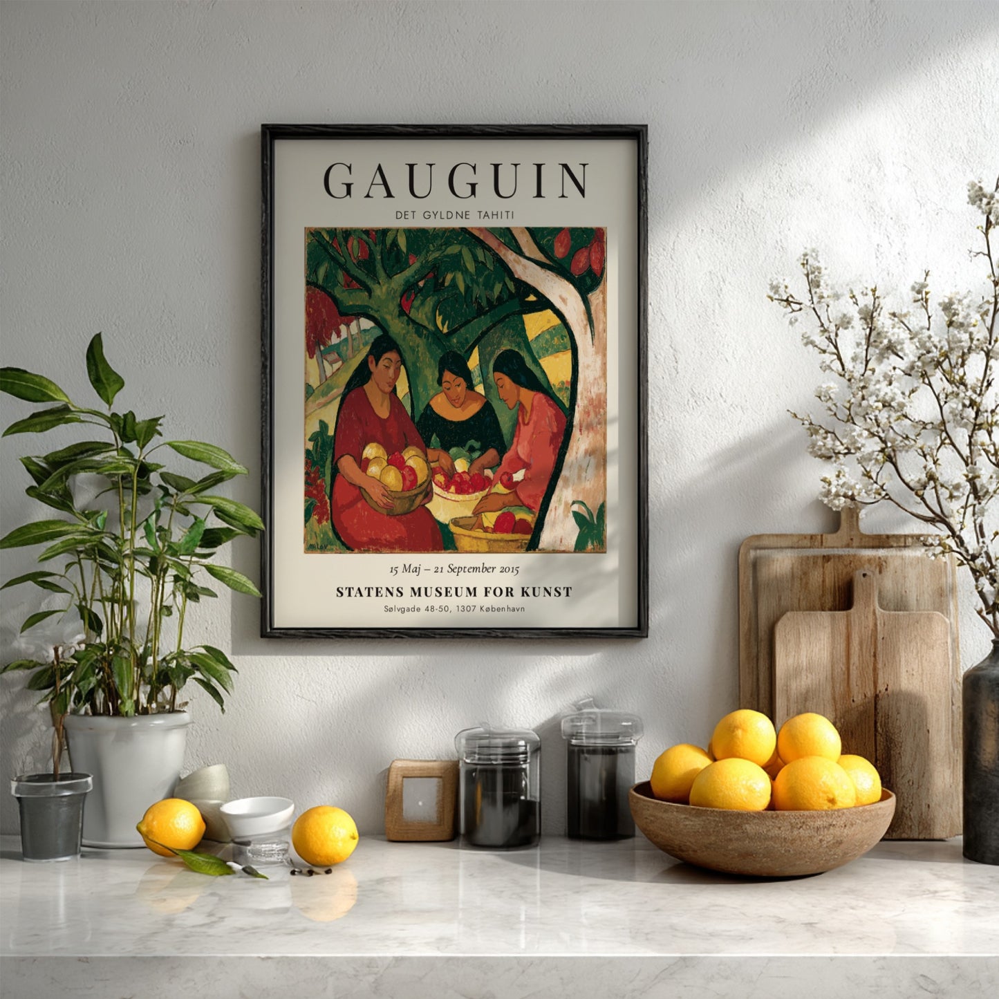 Gauguin exhibition poster featuring women in a vibrant Tahitian scene with rich colors and expressive