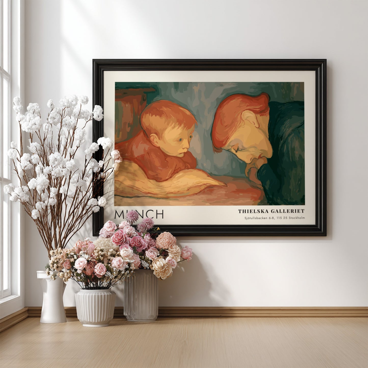 Munch Sick Child exhibition poster featuring a child and caregiver in muted tones