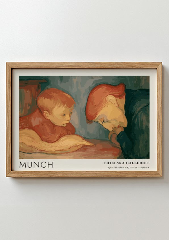 Munch Sick Child exhibition poster featuring a child and caregiver in muted tones