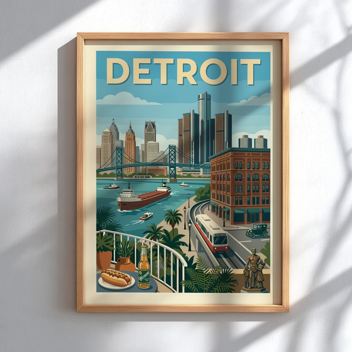 Retro Detroit skyline poster with bridge, river, and buildings in a warm, muted color palette.