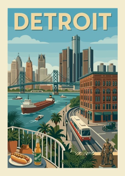 Retro Detroit skyline poster with bridge, river, and buildings in a warm, muted color palette.