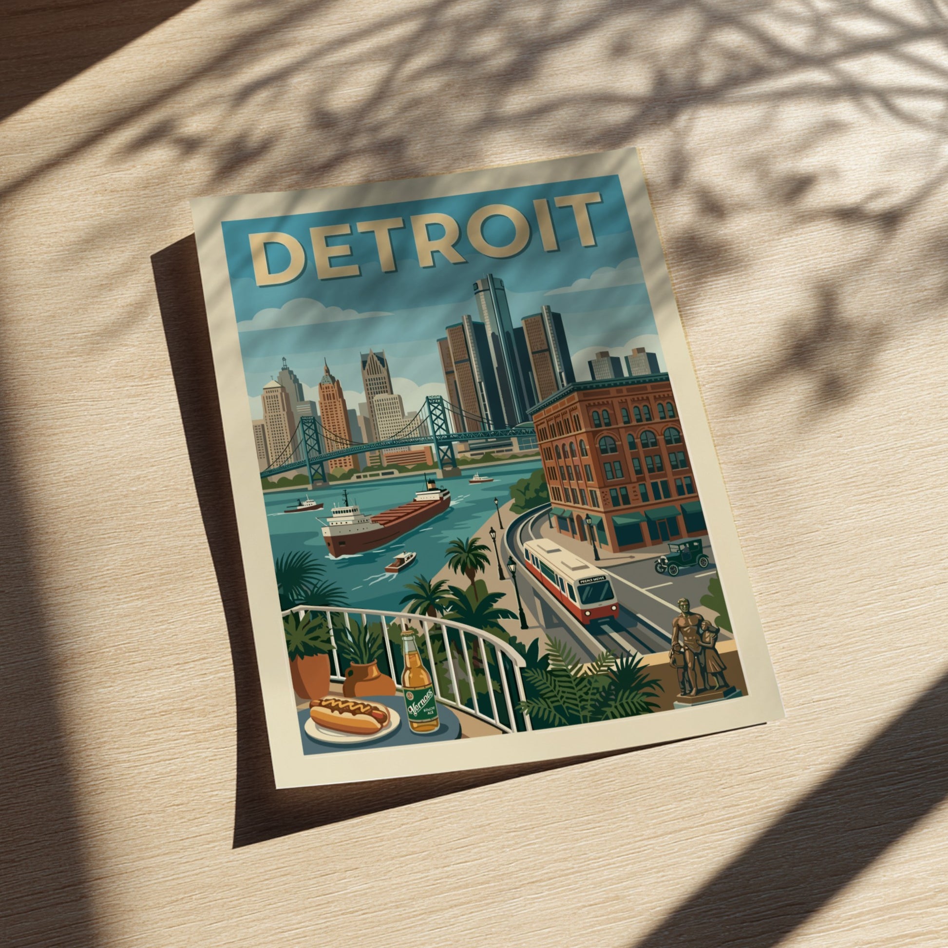 Retro Detroit skyline poster with bridge, river, and buildings in a warm, muted color palette.
