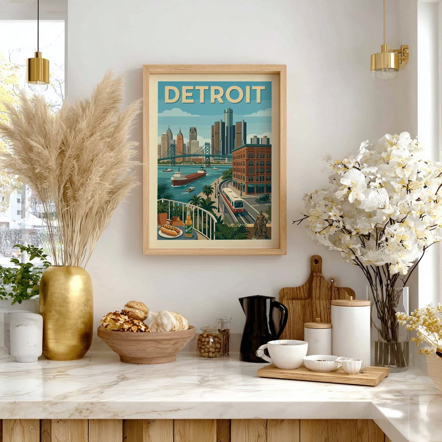 Retro Detroit skyline poster with bridge, river, and buildings in a warm, muted color palette.