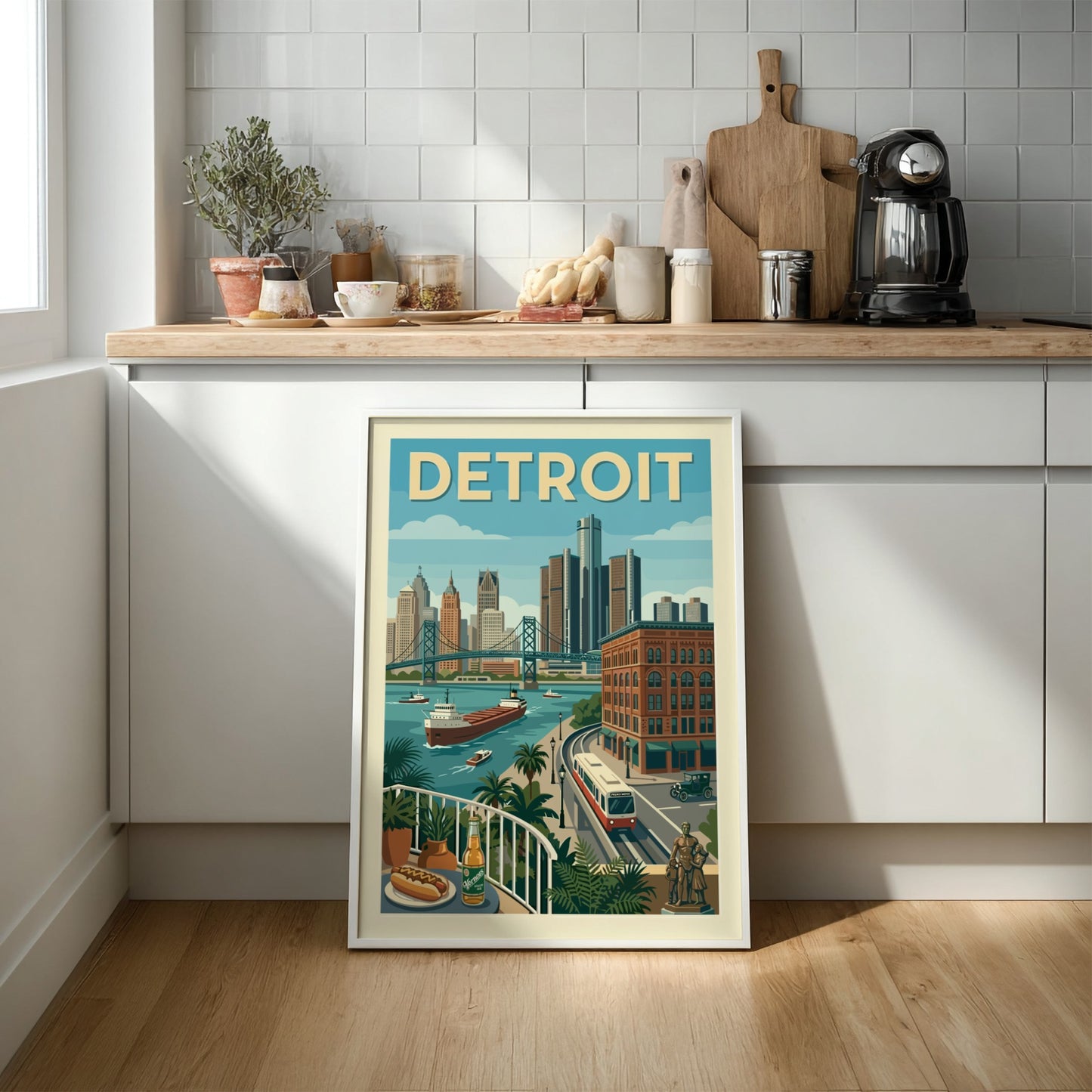 Retro Detroit skyline poster with bridge, river, and buildings in a warm, muted color palette.