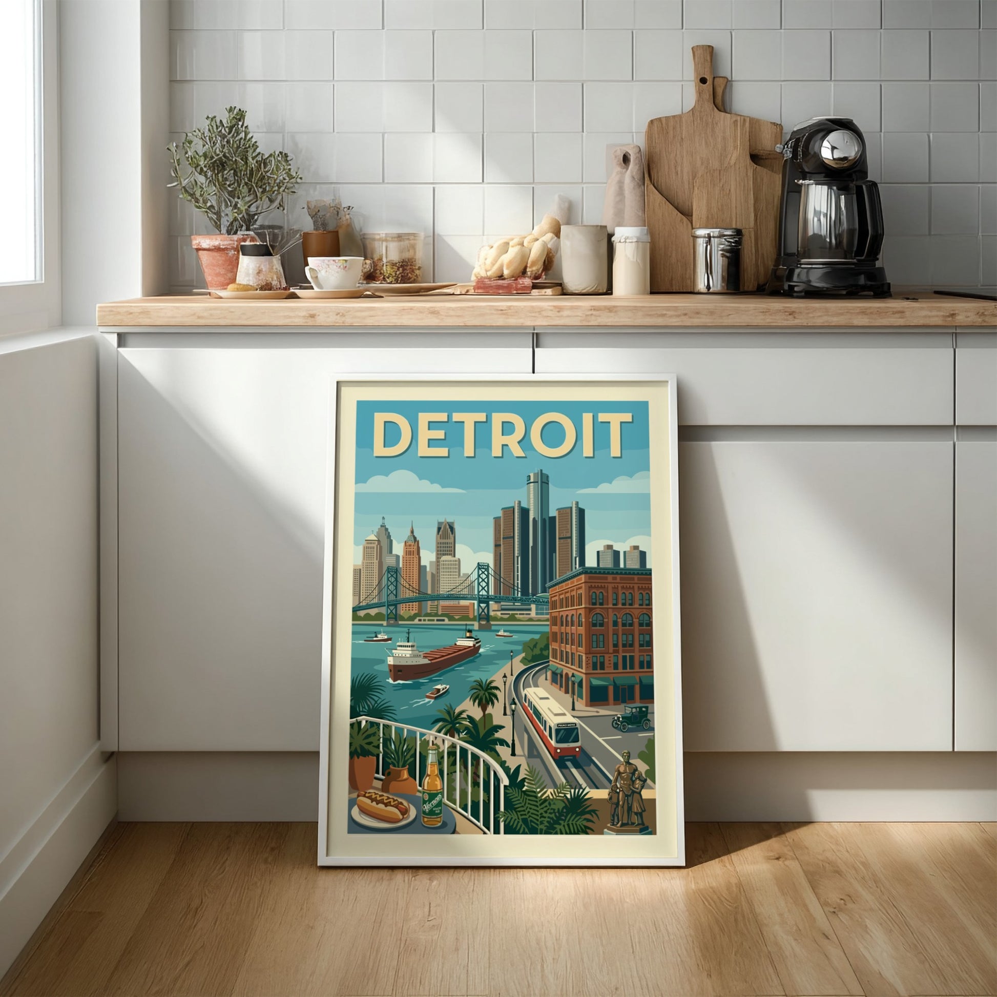 Retro Detroit skyline poster with bridge, river, and buildings in a warm, muted color palette.