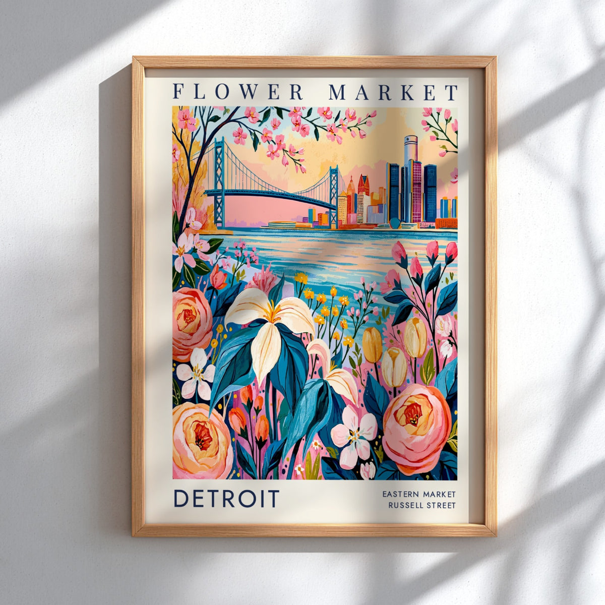 Flower market poster showcasing colorful flowers and a city skyline in a vibrant botanical style