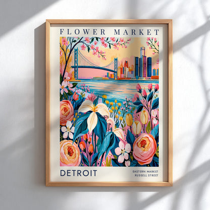 Flower market poster showcasing colorful flowers and a city skyline in a vibrant botanical style
