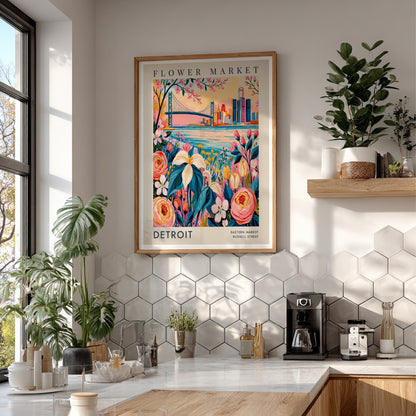 Flower market poster showcasing colorful flowers and a city skyline in a vibrant botanical style
