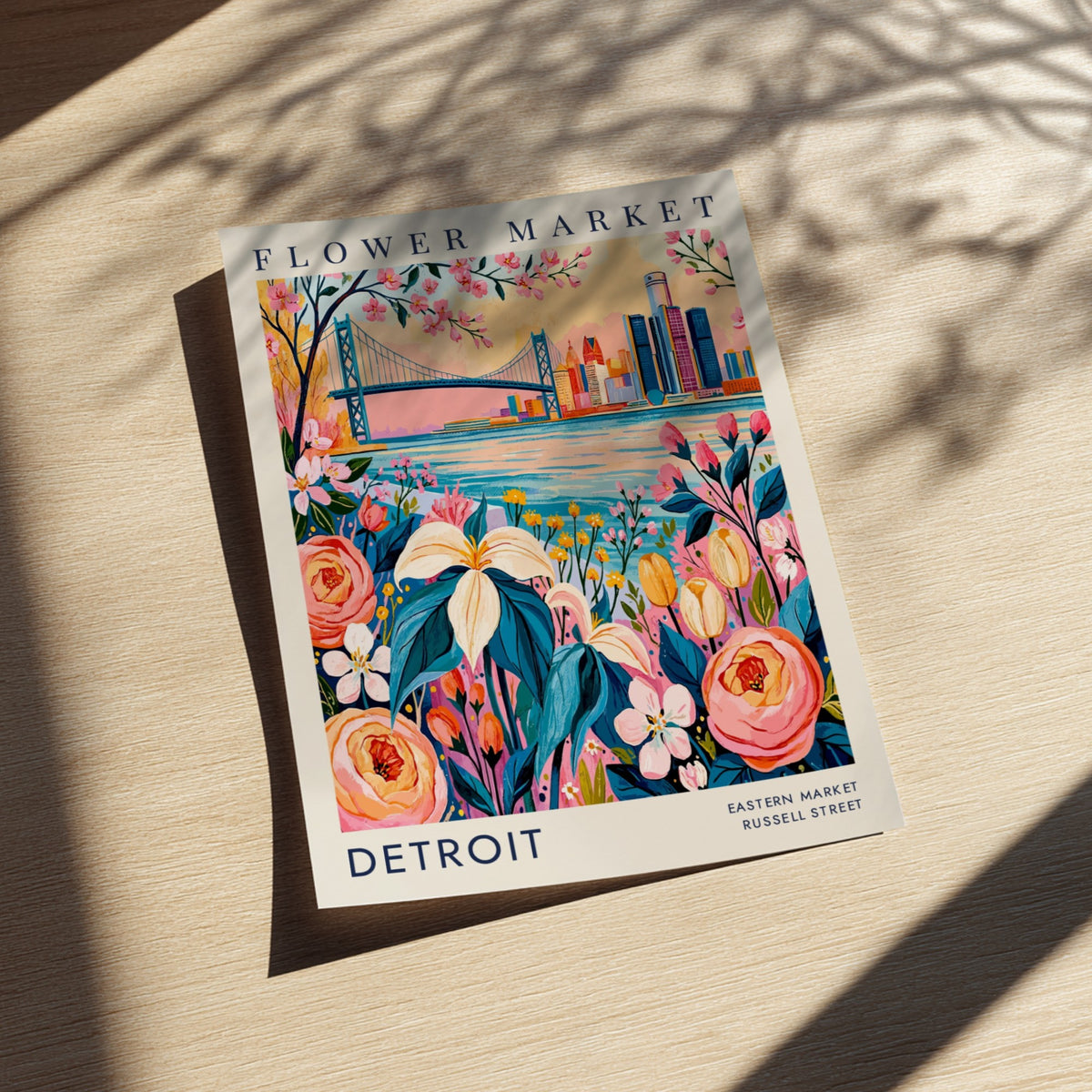 Flower market poster showcasing colorful flowers and a city skyline in a vibrant botanical style