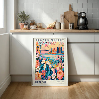 Flower market poster showcasing colorful flowers and a city skyline in a vibrant botanical style