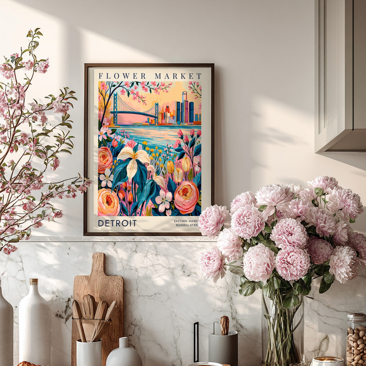 Flower market poster showcasing colorful flowers and a city skyline in a vibrant botanical style