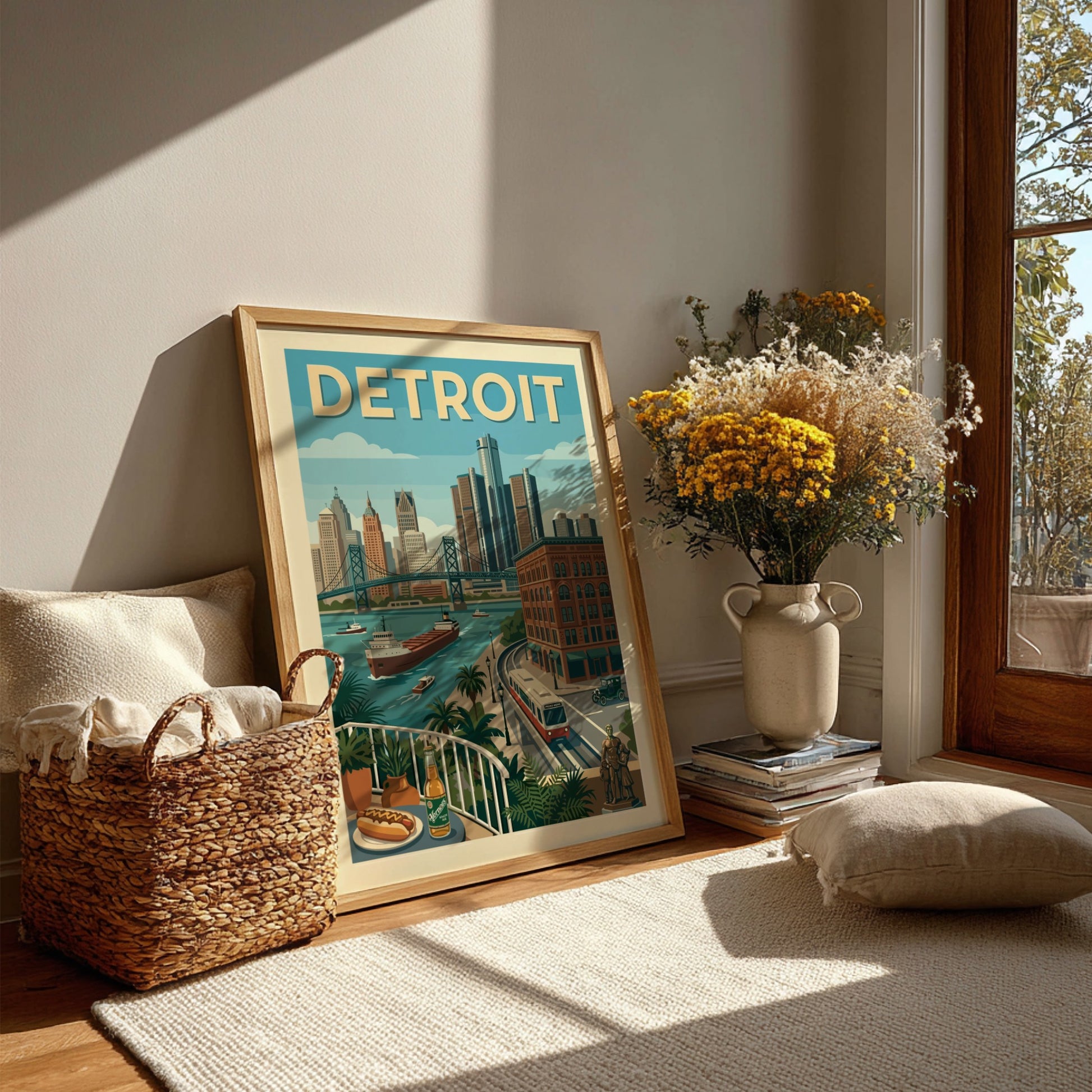 Retro Detroit skyline poster with bridge, river, and buildings in a warm, muted color palette.